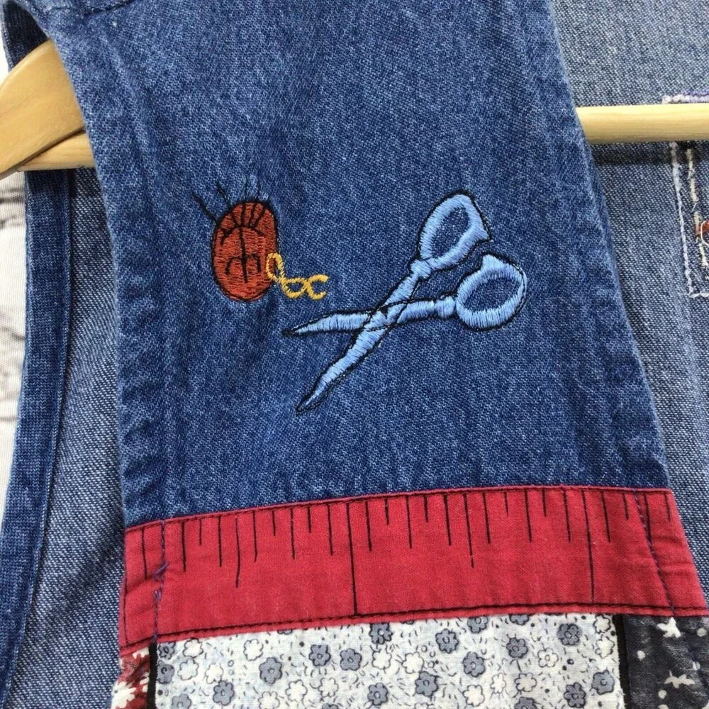 Vtg 80's Denim Vest Womens Sz‎ XL Sewing Theme Cottage Core Kitschy Grannycore